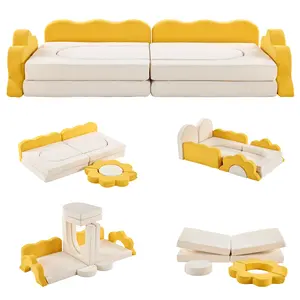 12-Piece Modular Kids Sofa Set All-Sponge Construction Yellow & White Colorblock Corduroy | Free Combination Design