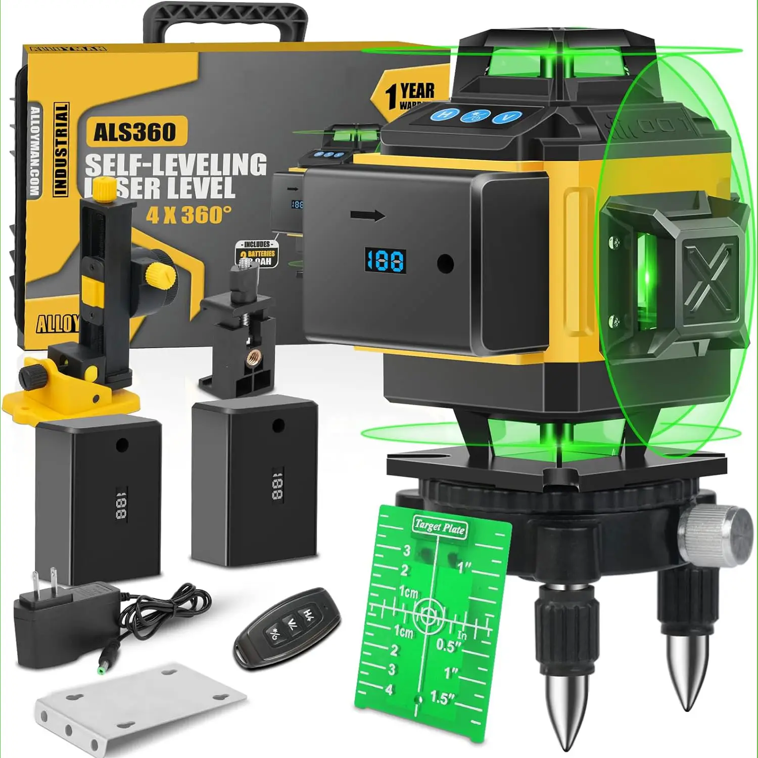 Alloyman 16 Lines Laser Level, Self Leveling 4x360° Green Laser Level with 2Pcs Rechargeable Lithium Batteries/Wall Mount/Remote Control for Indoor an