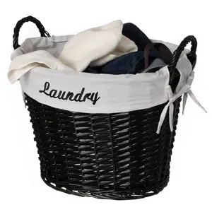 212 MAIN Handwoven Wicker Laundry Basket - Bathroom Storage Hamper with Removable Liner, Handles, Boho Decor for Clothes, Blankets, Pillows, Black