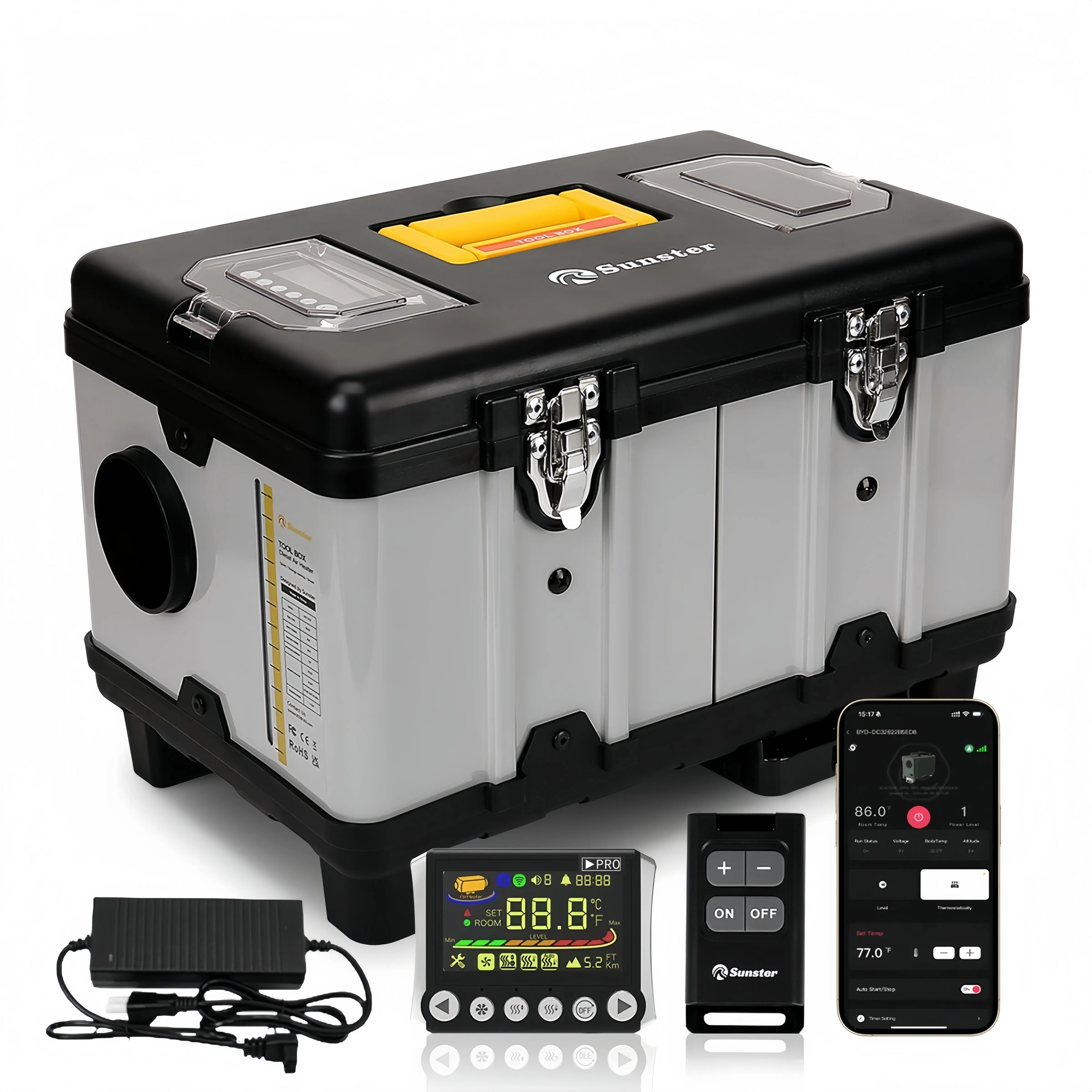 Sunster TB10 5-8KW Diesel Air Heater with Remote Control & LCD Screen, Fast Heating, Low Noise, Bluetooth App, 110V Adapter, DC12/24V, Portable for Truck Van RV Trailer Camper