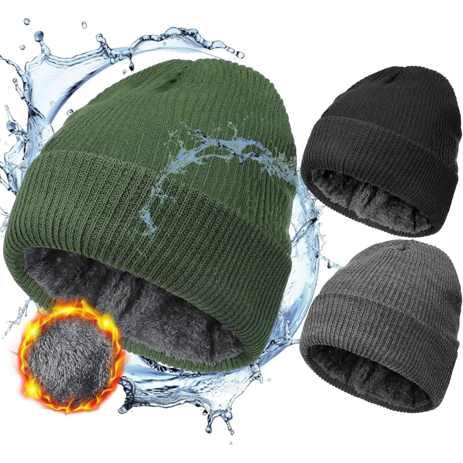 Men's 3-Pack Solid Knit Winter Beanies - 3 Layers, Waterproof, Windproof, Polyester Mix, Thermal Fleece-Lined, Easy to Wash and Carry, Lightweight, No Iron, Heat-Retaining, Imported, for Adults, Biking, Skiing, One Size