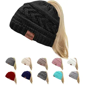 2 Pack Ponytail Beanie for Women,Winter Warm Beanie Tail Soft Stretch Cable Knit Messy High Bun Hat