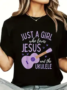 A Christian T-shirt for Women Featuring the Print "Just a Who Loves Jesus and the Ukulele" with a Round Neck Short Sleeves and a Casual Summer Design