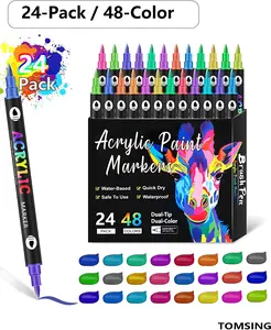 Waterproof Acrylic Markers - Dual-Tip Brush & Fine Point Paint Pen Set, 24/36/48 Colors for Rock Painting, DIY Crafts, Household Decor Projects on Wood, Canvas, Ceramic, Glass, Stone