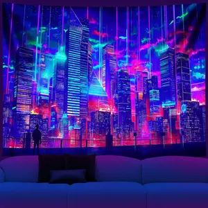 City Blacklight Tapestry, Japanese Anime Tapestry Punk Game Fantasy Night View Cityscape Futuristic Neon Art Wall Hanging Tapestries for Bedroom Decor 59x51in