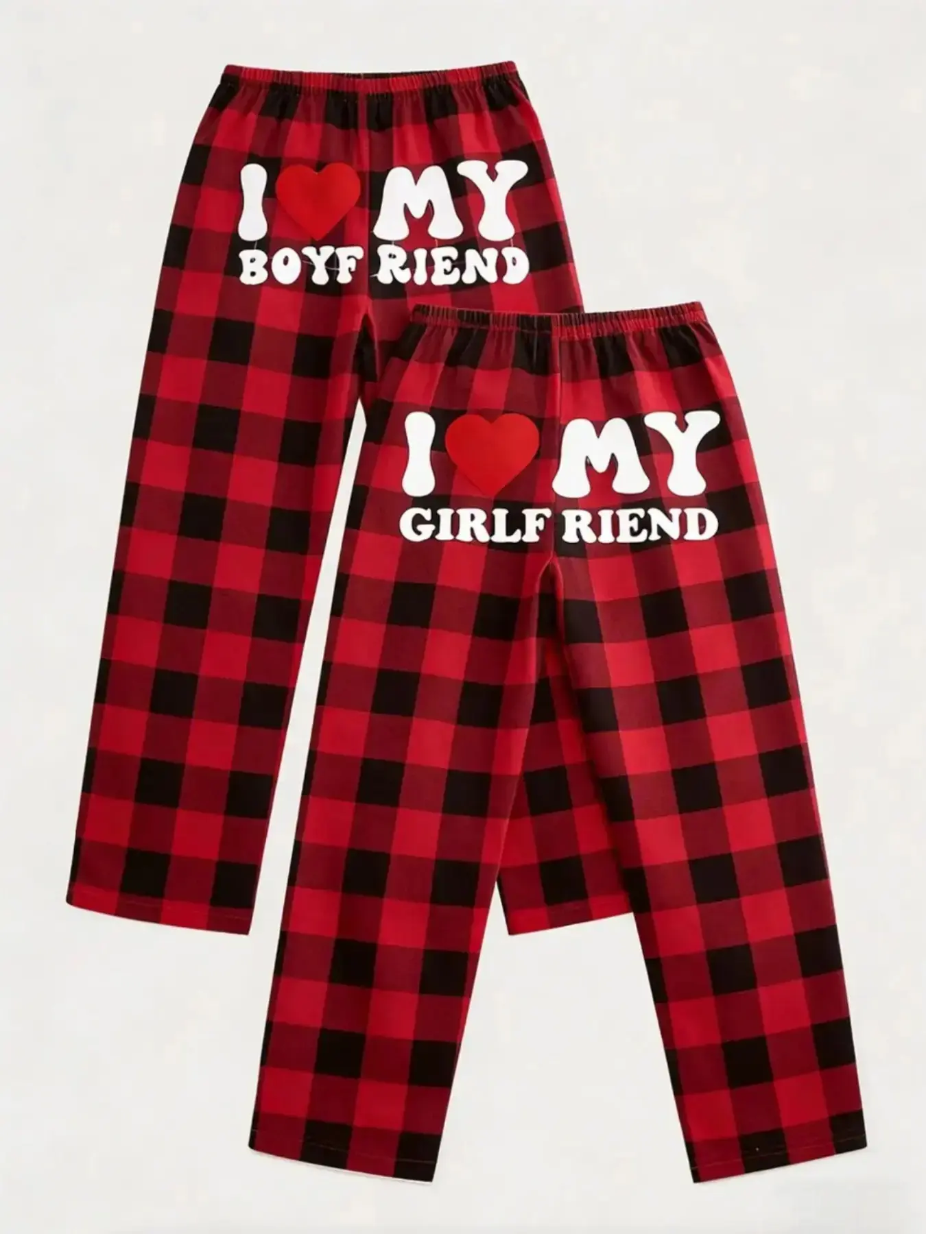 I Love My Boyfriend Girlfriend Plaid Matching Pajama Pants Set Breathable Elastic High Waist Loungewear, Unisex Pajama Gift For Her, Gift For Him, Matching loungwwear