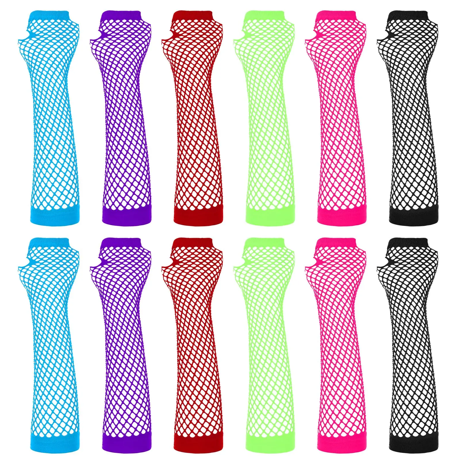 6 Pairs Neon Fishnet Gloves Long Fingerless Arm Sleeves For 80s Party Scene Clothes Women And Costume Accessories Supplies (6 Colors)