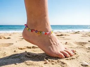 Tiny glass seeds beads knitted flower anklet large plus 9"