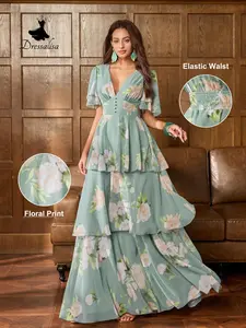 Elegant Women's V-Neck Chiffon Dress, Ruffle Short Sleeves, Multi-Layered Skirt, Perfect for Summer Beach Vacation, Casual Daily Wear