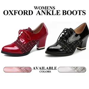 Womens Ankle Boots Chunky Block Heels Pointed Toe Lace Up Party Work Wedding Date Night Clubbing Spring Oxford Shoes