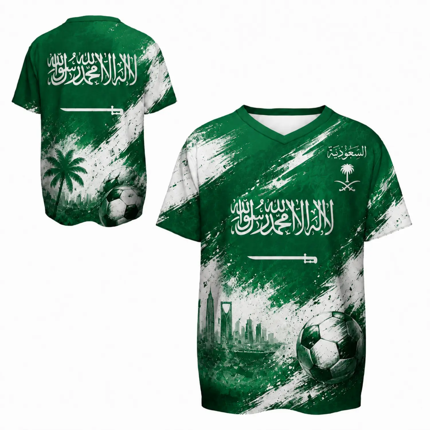 Saudi Arabia Green Soccer Jersey with Arabic Graphics, Palm Tree, Skyline & Soccer Ball Design – National Team Inspired Athletic Shirt
