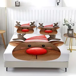 3-piece Christmas reindeer pattern fitted sheet, including 1 bed sheet and 2 pillowcases, comfortable bedding with anti-slip dust cover suitable for bedrooms and guest rooms,perfect for personal use or as a Christmas gift