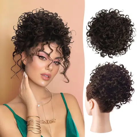 Women's Plus-Size Synthetic Loose Curly Messy Bun Hair Piece - Elastic Drawstring Scrunchie, Hassle-Free Texturizing Extension for Daily Wear, Ponytail Hairstyles, Low Ponytail, Dark and Light Shades