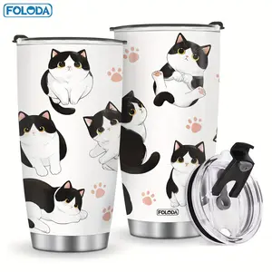 Foloda 1pc Cute Cat Coffee Mug Cup, Cat Gifts for Cat Lovers Women Mom Daughter Friends for Christmas Birthday Mother's Day Valentine's Day Best Exquisite Art Xmas Gift 20oz with Lid Travel Mug Tumbler Outdoor-Office-Keep Drink Hot&Cold