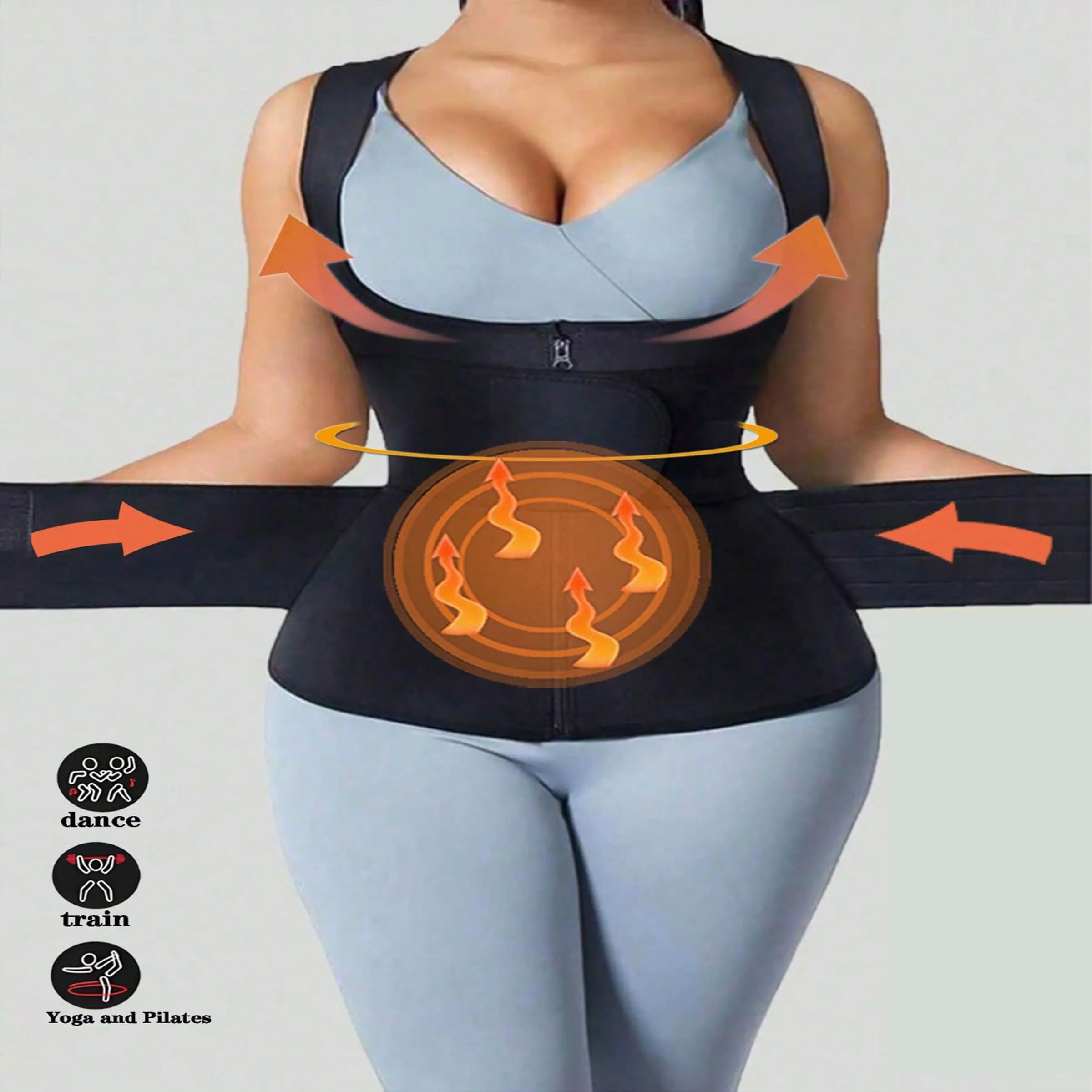 Women's Sporty Waist Cincher Belt, Dual Zipper Backless Vest, Sweat-Wicking, Daily & Workout Wear, Recovery Top, Shapewear, Waist Trimmer Cincher, Fitness Shapewear Belt