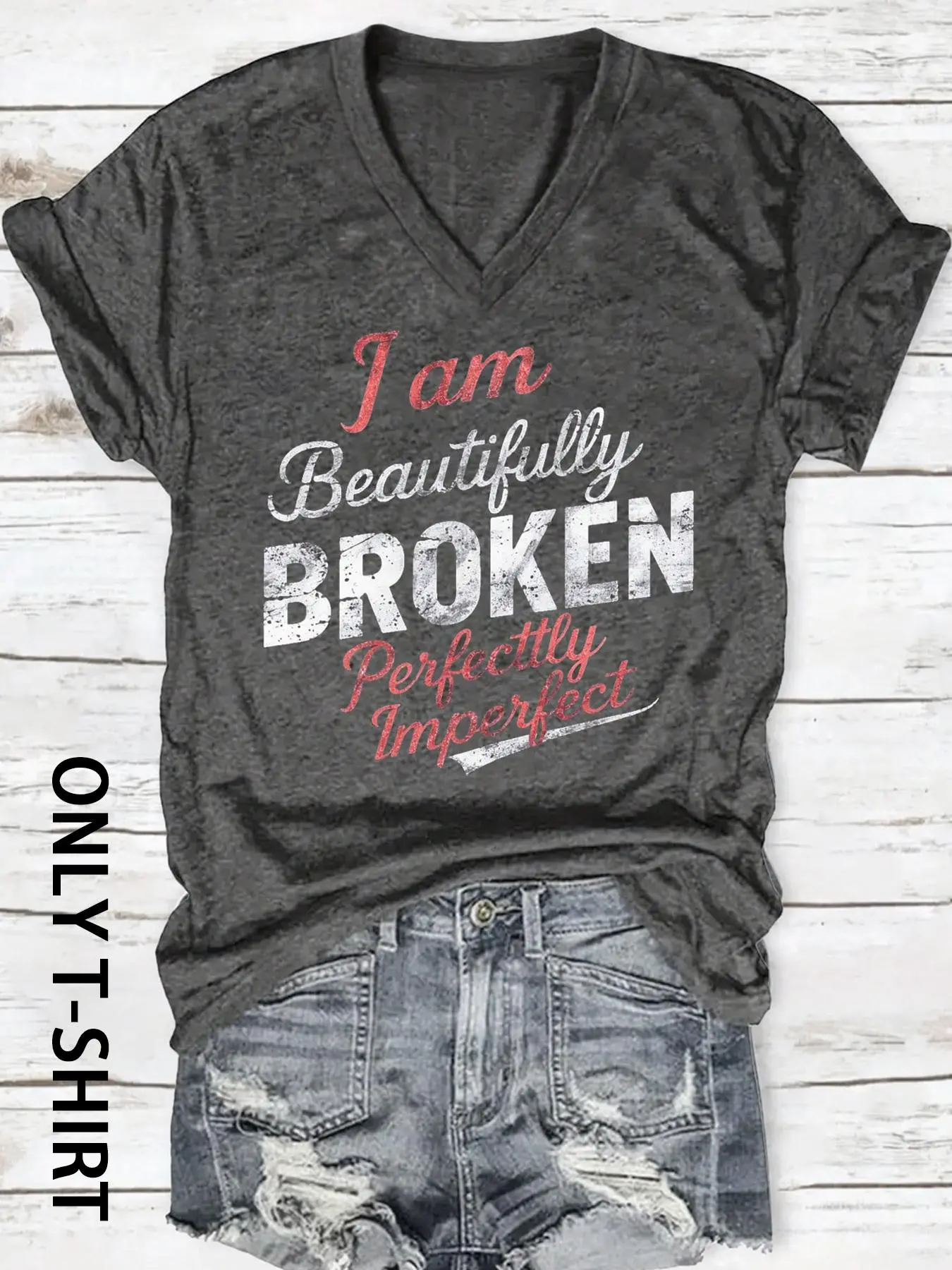 Women's Letter Print V Neck Fitted Casual Comfy Tee, Casual Chic Streetwear Beautifully Broken Perfectly Imperfect Sleeve T-Shirt for Daily Wear, Ladies Clothes for All Seasons, Top, Womenswear, Casual Everyday Tee
