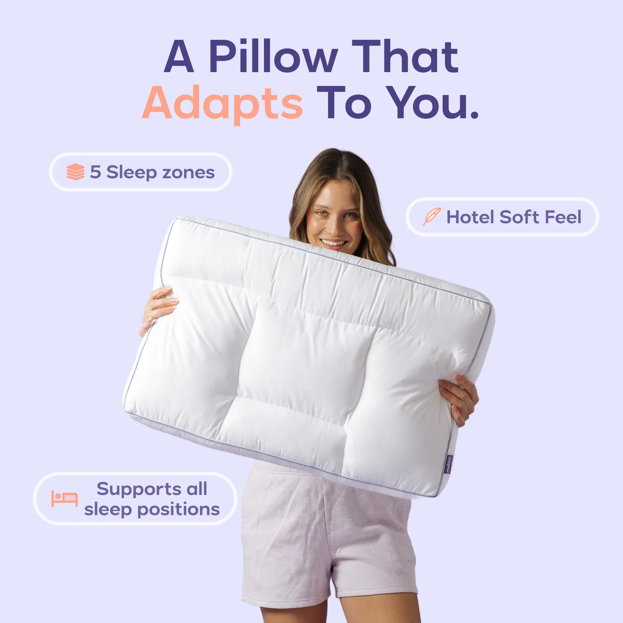 Mellow Sleep | Adapt Pillow with 5 Sleep Zones Ergonomic Hotel Soft Feel Supports All Sleep Positions for Comfortable Sleep Mellow Sleep | Adapt Pillow with 5 Sleep Zones Ergonomic Hotel Soft Feel Supports All Sleep Positions for Comfortable Sleep