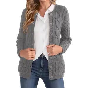 Women Cable Knit Cardigan Sweater Crew Neck Button up Cardigan with Pocket Sweater Coat for Fall and Winter