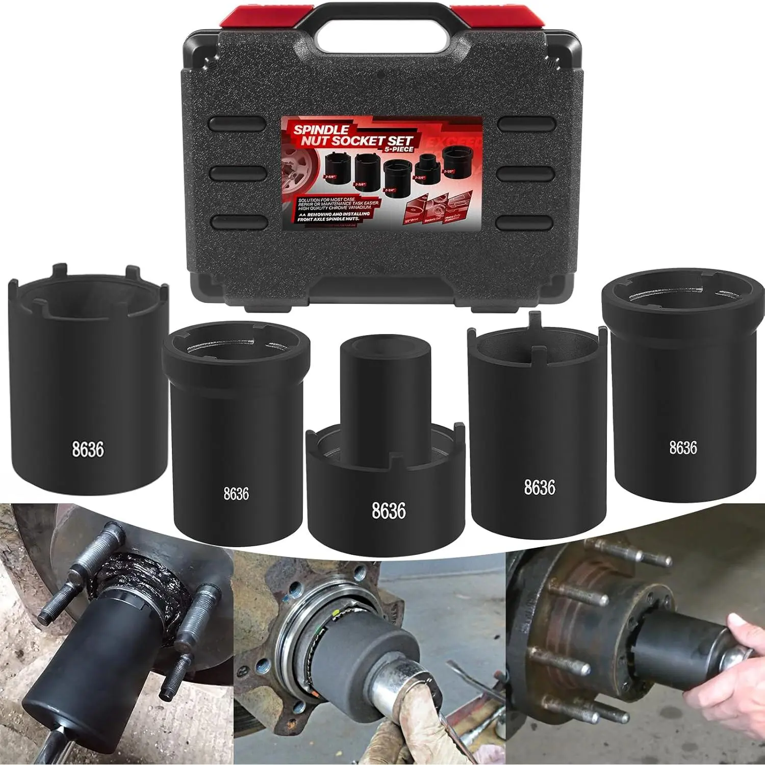 Spindle Nut Socket Tool Kit 5 count Axle Hub Lock Nut Socket Set 1/2" Drive Wheel Drive Spindle Nut Remover Installer for Ford Dana 50/60, Chevy, and , Replace# 648636 Lug Out Spindle Socket Set