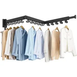 Clothes Drying Rack, Wall Mounted Laundry Drying Rack, Upgrade 3-Fold Foldable Collapsible Retractable Clothing Drying Rack with 12 Dual Hooks Organization for Laundry Room Indoor- Black Installation Wood Hangable