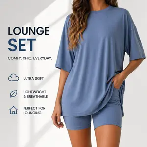 Crewneck Two-Piece Set For Women Summer Casual Oversized Split Hem Shirts & Side Pocket Biker Shorts Minimalist Lounge Wear Soft Viscose Fabric Comfy Homewear Cozy Pjs