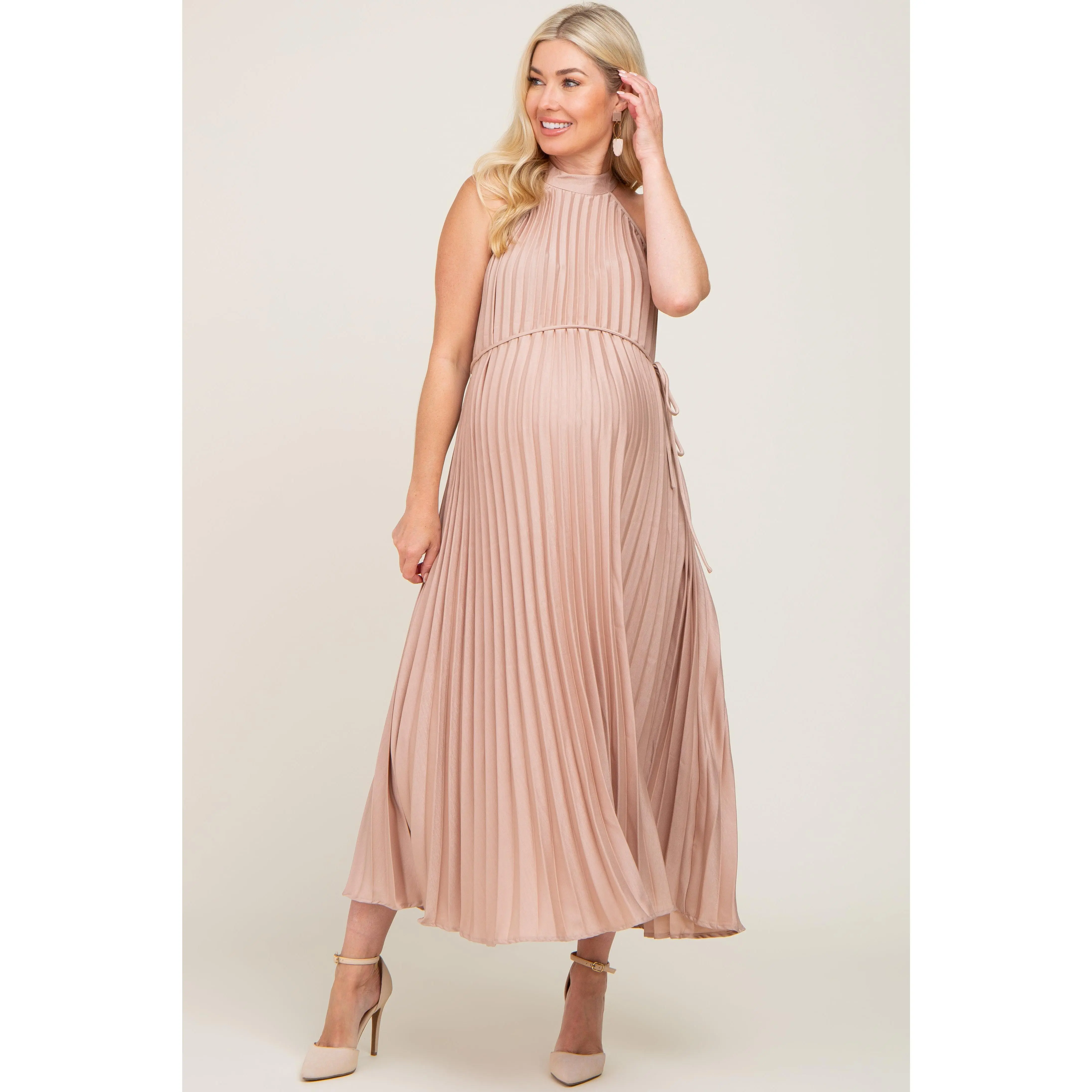Beige Pleated Maternity Halter Dress - TikTok Shop