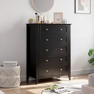 Black 5 Drawer Dresser for Bedroom, Tall Dresser with Deep Drawers & Metal Knobs, Modern Wooden Chests of Drawers for Entryway,Hallway