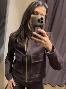 Women's Brown Cropped Denim Jacket Demi-Season 2026 Korean Minimalist Long Sleeve Flip Pocket Zipper Outerwears New Arrival Elegant Office Commute Wear Jacket
