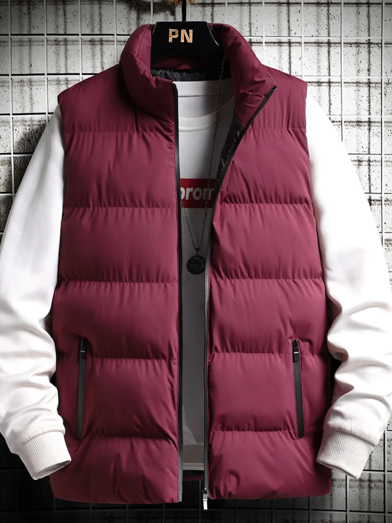 Men's Winter Cotton Vest, Street Style Vest, Gilet, Sleeveless Warm Zipper Jacket, Lightweight Stand Collar, Casual Daily Wear, Plain Pattern, Fitted Style