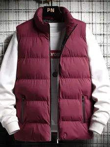 Men's Winter Cotton Vest, Sleeveless Warm Zipper Jacket, Lightweight Stand Collar, Casual Daily Wear, Plain Pattern, Fitted Style, Sleeveless Gilet, Sleeveless Waistcoat