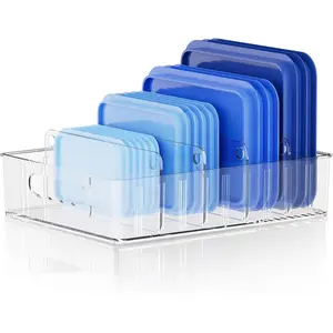 Clear Plastic Lid Organizer Inside Cabinet With 4 Adjustable Dividers, Food Container Lid Storage Organizer For Kitchen Pantry