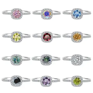 S925 Multicolor Moissanite Cushion Halo Adjustable Rings with Pavé-Set Band & Square Accents, 0.5ct-2ct D-Grade VVS Certificate, 12 Vibrant Colors, Sterling Silver Jewelry