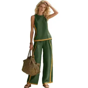 2026 Linen Blend Two Piece Set for Women Sleeveless Color Block Top Wide Leg Pants Set Casual Summer Outfit #   LinenSet #   WideLegPants #   ColorBlock #   SummerOutfit #   BohoFashion #   CasualWear