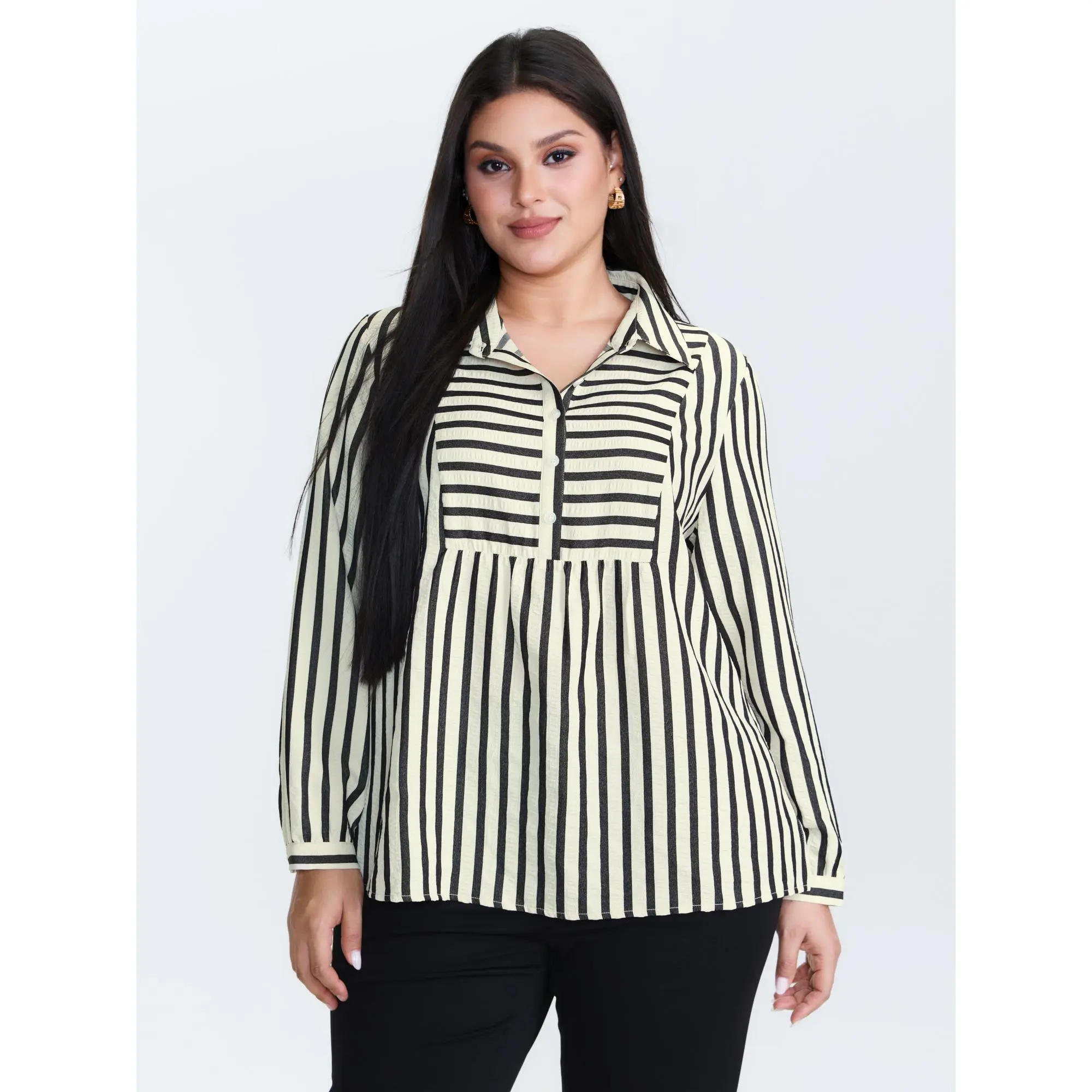Women's Plus Size Blouse with Striped Collar, Textured Long Sleeve Half-Placket Office Top with a Smooth, Flattering Fit, Garment