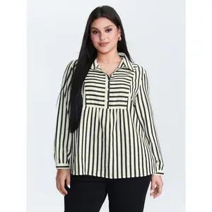 【Summer Turn-Up】【Essential】BlOOMCHIC Plus Size Striped Collar Textured Half-Placket Blouse [M-6X] 2026 Summer Pick for Mother's Day