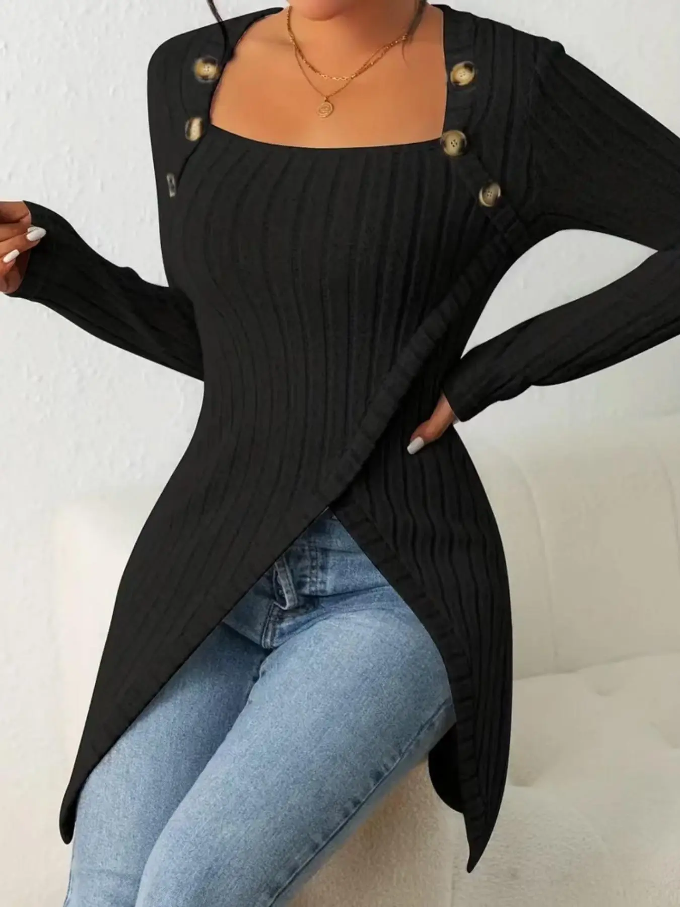 Women's Basic Plain Asymmetrical Hem Button Decor Ribbed Tee, Casual Fitted Long Sleeve T-shirt Top for Spring & Fall, Women's Clothing for Daily Wear, Womenswear, Aesthetic Shirt
