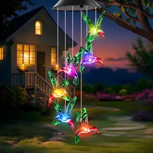 Solar Wind Chimes with Color Changing LED Lights, Hummingbird Butterfly Crystal Ball Hanging Decor for Garden Patio Yard Window, Birthday Gifts for Mom Grandma