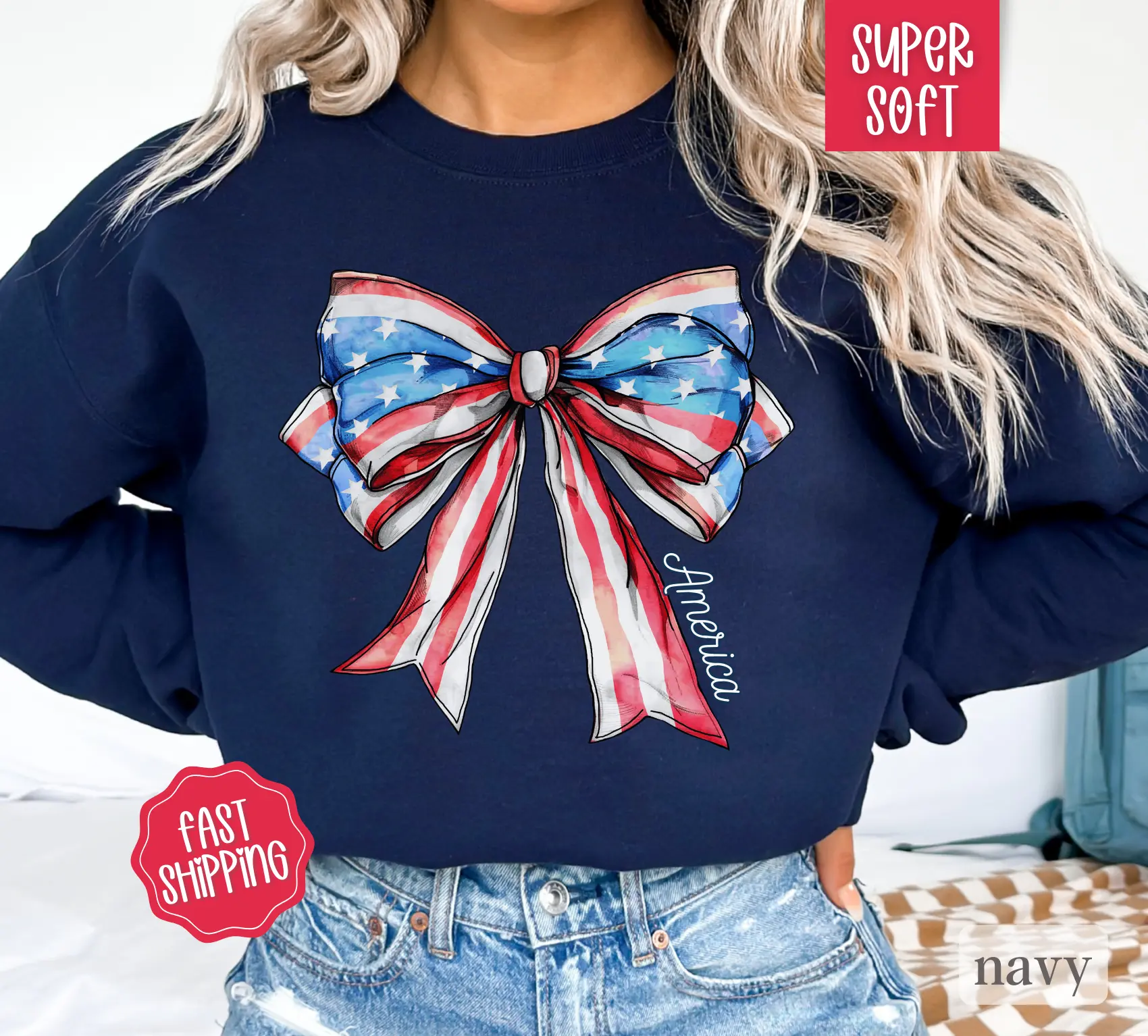 Coquette USA Bow Sweatshirt, USA Sweatshirt, America Bow Sweater, Flag Sweater, July 4th Outfit