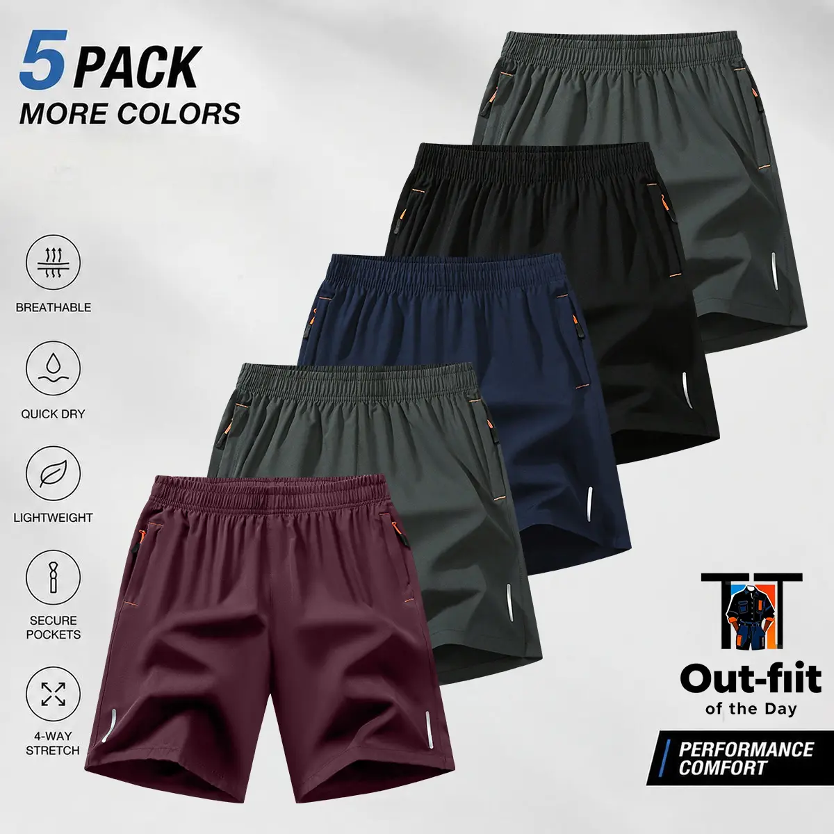 Men’s 5-Pack Quick-Dry Polyester Blend Gym Athletic Shorts - Elastic Waist, Breathable, Stretchy, Lightweight, with Zipper Pockets & Reflective Strip, Casual Running Workout Bottoms, Great Gifts for Him