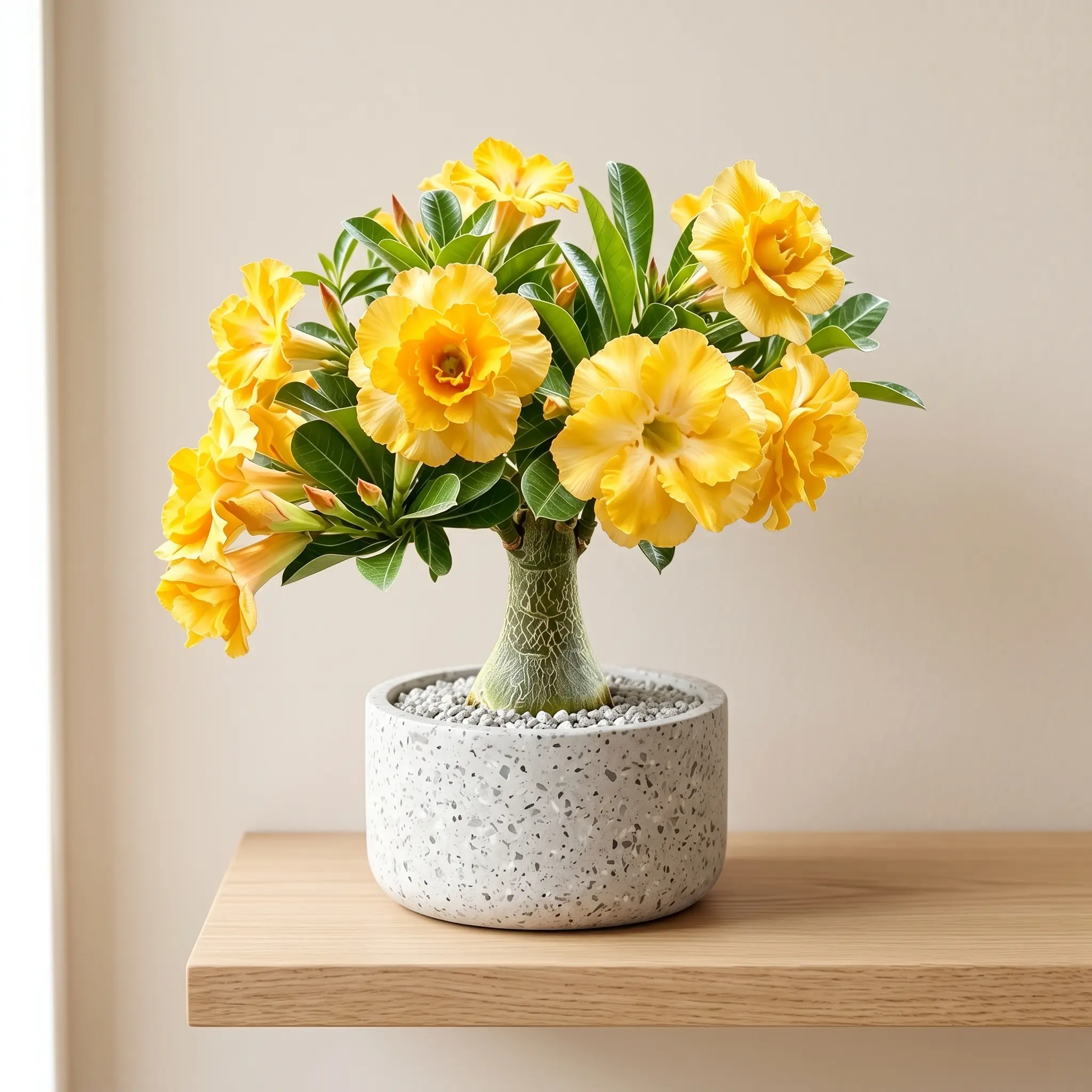 Yellow Desert Rose (Adenium Obesum) — A caudex succulent bonsai with yellow flowers; a live plant suitable for indoor and outdoor garden decoration.
