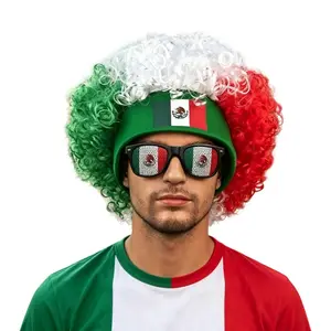 2026 new 2Pcs Mexico National Flag Fan Costume Accessory Set, Green White Red Fluffy Afro Curly Wig Flag Headband & Mexican Flag Print Lens Sunglasses,Adult Cheer Accessory Kit For National Holiday Party Decor Celebrating Mexico's victory,summerwins