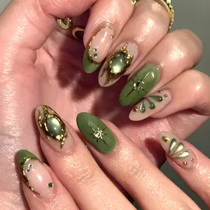 Trending 3D Gold Plated Nail Art Set, Nail Charms, Vintage Baroque Design, 24 Piece False Nails, Perfect for Cross-Border Sales, No Flammable Liquid, Nail Kit