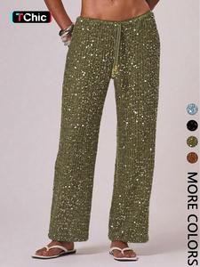 Women's Bohemian Style Beach Pants, Elegant Summer Sequined Long Trousers, Fashionable Holiday Wear, Ladies' Casual