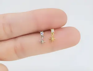 16G* Dainty CZ with Dangling Radiant Star (Radiant #1) Cartilage Piercing /Various post bar externally threaded and 20G is available, surgical steel piercing, tragus stud, helix stud, conch piercing