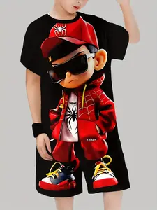 3D Cartoon Short Sleeve Set, Fashion Trendy, Unisex Summer, Casual Loose-Fitting Suit, All over Print Shorts