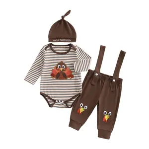 Newborn Baby Boy Thanksgiving Outfit Turkey Embroidery Long Sleeve Striped Romper Bodysuit Suspender Overalls Pants and Knotted Hat 3 Piece Infant Fall Winter Clothes Set