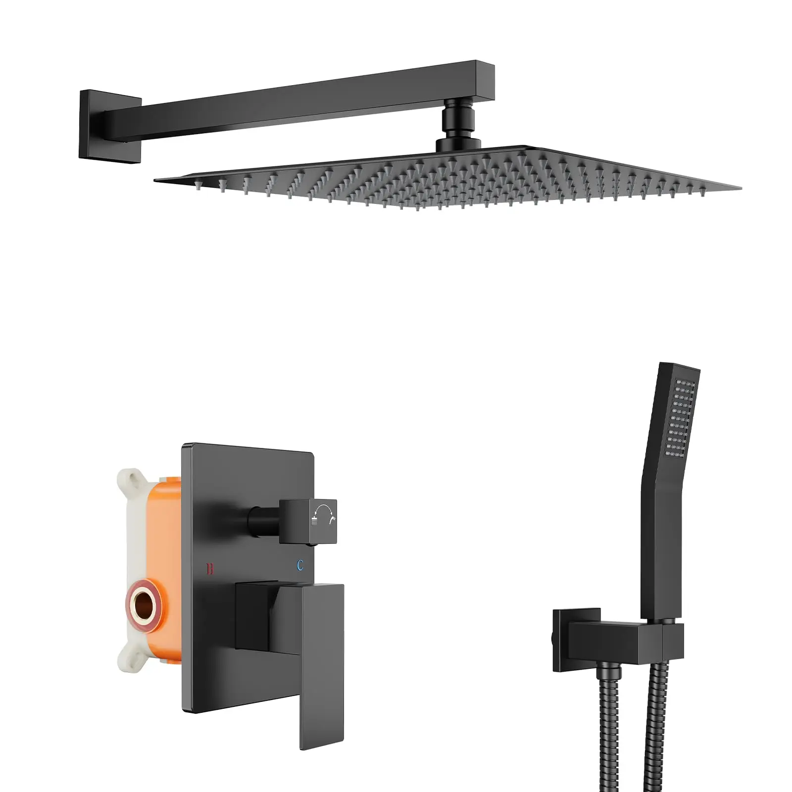 Rainfall Shower Faucet Set - 10 in Square Shower Set Complete with High Pressure Rain Showers head and Handheld, Wall Mounted Showers System With Pressure-Balanced Valve, Matte Black