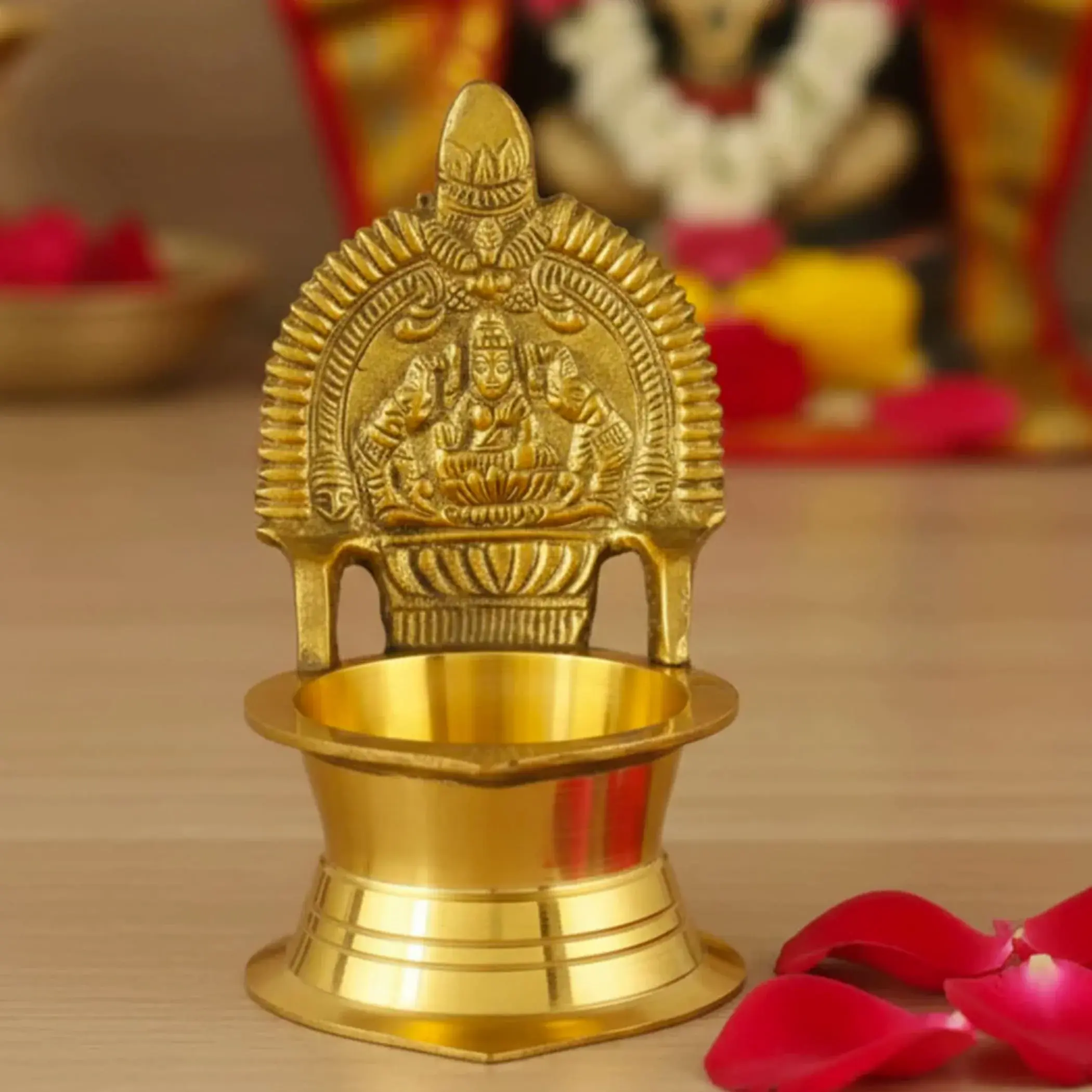 LoveNspire Exquisite Kamakshi Brass Diya - Handmade Brass Light, 3.8 inch & 4.5-inch Sacred Oil Ornaments, Traditional Metal Religious Goddess Symbol, Navratri & Diwali Home Decoration Gifts
