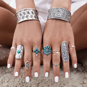 Vintage 9Pcs Turquoise Cactus Sunflower Ring Set for Women | Boho Western Style Silver Tone Alloy Stackable Rings | Bohemian Retro Statement Jewelry for Daily & Festival Wear