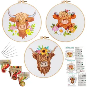 3 Sets Embroidery Kits for Beginners, Stitch Kit for Adults,Starters DIY Needlepoint Including Hoop -Highland Cow and Florals